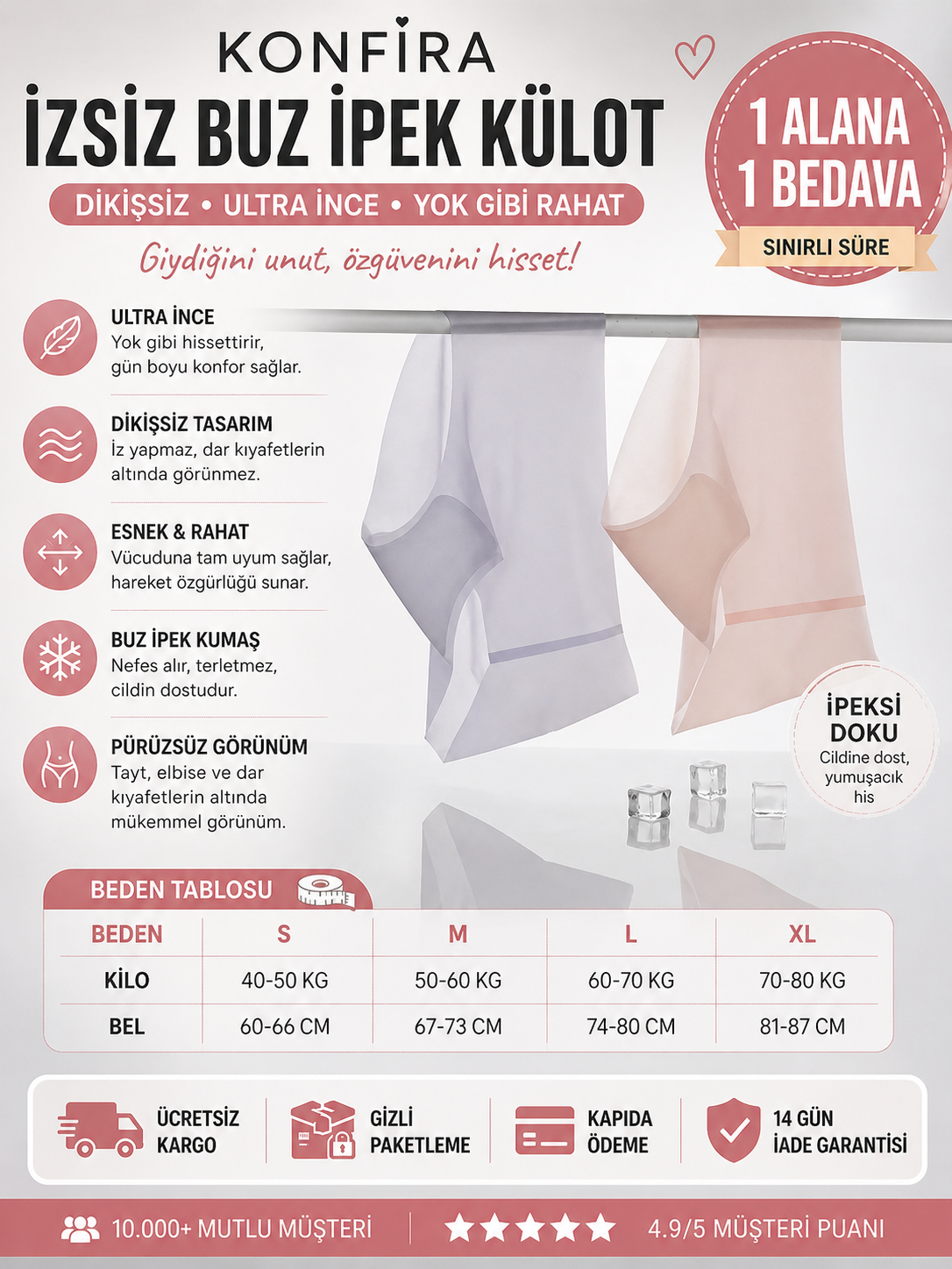 Konfira İzsiz Buz İpek Külot – Dikişsiz, Ultra İnce, İz Yapmaz